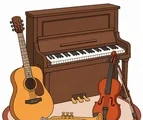 Upright piano, acoustic guitar, violin with bow, and trumpet arranged together on a simple oval rug.
