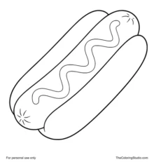 Hot dog with a red sausage, golden bun, and yellow mustard zigzag centered on white.
