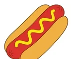 Hot dog with a red sausage, golden bun, and yellow mustard zigzag centered on white.