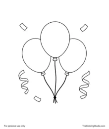 Three New Year balloons in gold, pink and teal with gathered strings, curled streamers and confetti.
