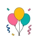 Three New Year balloons in gold, pink and teal with gathered strings, curled streamers and confetti.