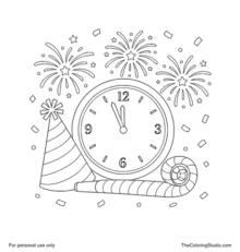 New Year scene with a midnight clock, party hat, curled horn, fireworks and colorful confetti.