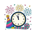 New Year scene with a midnight clock, party hat, curled horn, fireworks and colorful confetti.
