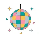 Hanging New Year disco ball with large colorful mirror tiles, four sparkles and three confetti pieces.