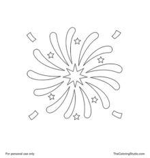 Large New Year fireworks burst with a gold center, colorful curved rays, stars and four confetti pieces.