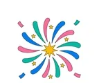 Large New Year fireworks burst with a gold center, colorful curved rays, stars and four confetti pieces.