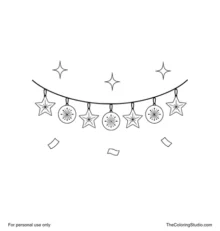 Curved New Year garland with four stars, three round ornaments, sparkles and confetti.