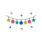 Curved New Year garland with four stars, three round ornaments, sparkles and confetti.