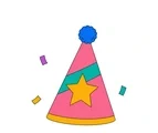 New Year party hat with a gold star, teal band, blue pom-pom and three confetti pieces.