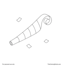 Curled New Year party horn with a gold mouthpiece, five colorful stripes and three confetti pieces.