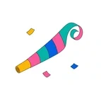 Curled New Year party horn with a gold mouthpiece, five colorful stripes and three confetti pieces.
