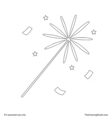 Single New Year sparkler with a gold burst, colorful rays, four stars and three confetti pieces.