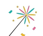 Single New Year sparkler with a gold burst, colorful rays, four stars and three confetti pieces.