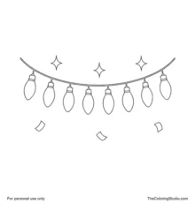 Curved New Year string lights with eight colorful bulbs, three sparkles and three confetti pieces.