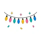 Curved New Year string lights with eight colorful bulbs, three sparkles and three confetti pieces.