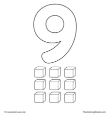 Large teal number 9 with nine small toy blocks grouped below on a white background.