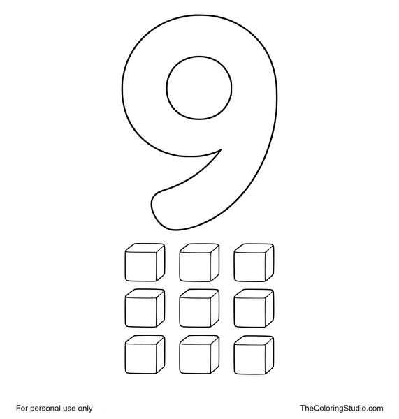 Large teal number 9 with nine small toy blocks grouped below on a white background.