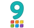 Large teal number 9 with nine small toy blocks grouped below on a white background.