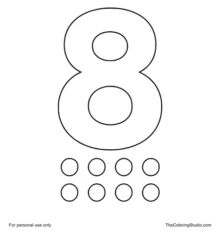 Large magenta number 8 with eight small dots grouped below on a white background.
