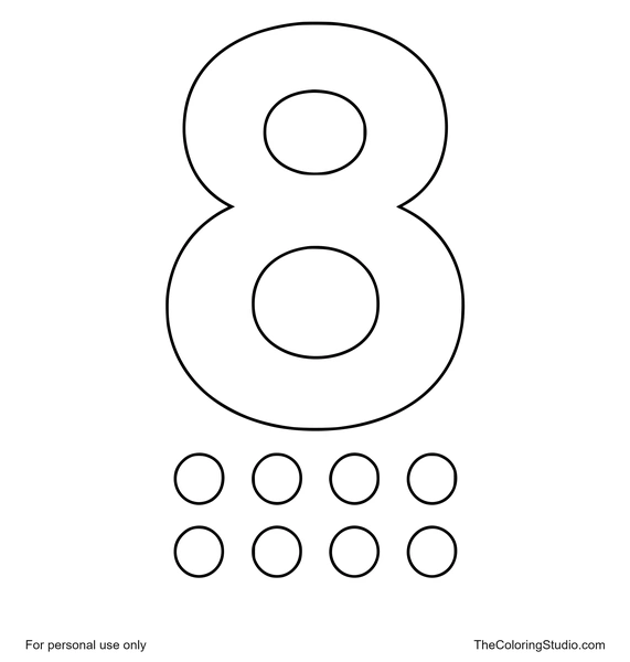 Large magenta number 8 with eight small dots grouped below on a white background.