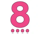 Large magenta number 8 with eight small dots grouped below on a white background.