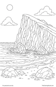 Tall coastal cliff above layered ocean waves with rocks and a small sun on a white background.