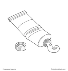 Open metal paint tube with a separate round cap and a short curl of red paint coming from the nozzle.