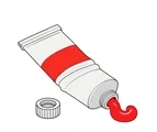 Open metal paint tube with a separate round cap and a short curl of red paint coming from the nozzle.