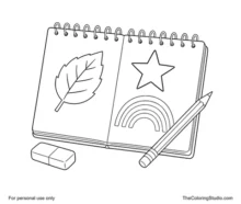 Open spiral sketchbook with a pencil, eraser, leaf, star, and simple rainbow drawings on the pages.