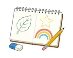 Open spiral sketchbook with a pencil, eraser, leaf, star, and simple rainbow drawings on the pages.