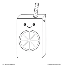 Smiling orange juice box with a striped straw and fruit emblem on a white background.