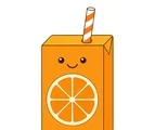Smiling orange juice box with a striped straw and fruit emblem on a white background.