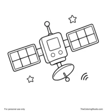 Satellite with simple solar panels and tiny stars on a white background.