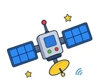 Satellite with simple solar panels and tiny stars on a white background.