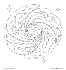 Ornate spiral galaxy with broad curved color bands and tiny twinkles on a white background.