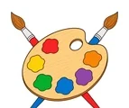 Oval wooden paint palette with six colorful paint dabs, a thumb hole, and two crossed paintbrushes.