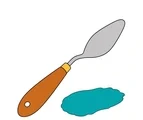 Palette knife with a wooden handle, rounded metal blade, and a thick teal paint smear beneath it.