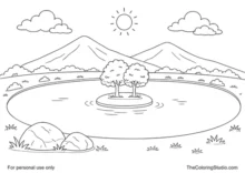 Oval lake with a small tree-covered island, mountains, shore rocks, clouds, and a small sun.