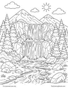 Mountain waterfall flowing between rocky slopes and evergreen trees beneath rounded clouds.