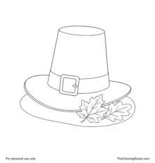 Black pilgrim hat with a wide brim, gold buckle and two autumn leaves at the base.