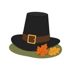 Black pilgrim hat with a wide brim, gold buckle and two autumn leaves at the base.