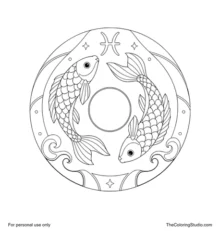 Two Pisces fish swimming in opposite directions inside a circular zodiac frame with waves and the sign glyph.