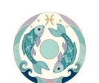 Two Pisces fish swimming in opposite directions inside a circular zodiac frame with waves and the sign glyph.