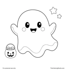 Smiling white ghost floating beside a pumpkin candy bucket and two small stars on a white background.