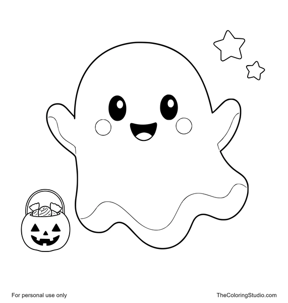 Smiling white ghost floating beside a pumpkin candy bucket and two small stars on a white background.