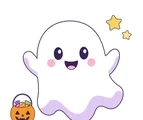 Smiling white ghost floating beside a pumpkin candy bucket and two small stars on a white background.