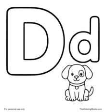 Uppercase D and lowercase d with a small dog on a white background.