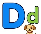 Uppercase D and lowercase d with a small dog on a white background.
