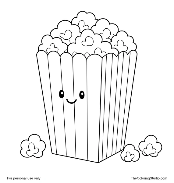 Smiling striped popcorn box filled with large kernels and three loose popcorn pieces on a white background.
