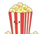 Smiling striped popcorn box filled with large kernels and three loose popcorn pieces on a white background.